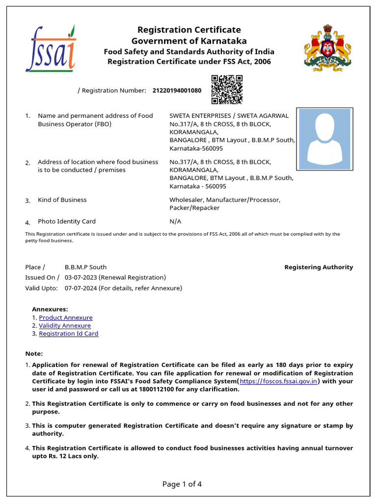 FSSAI Certificate 2023-24 | PDF | Foods