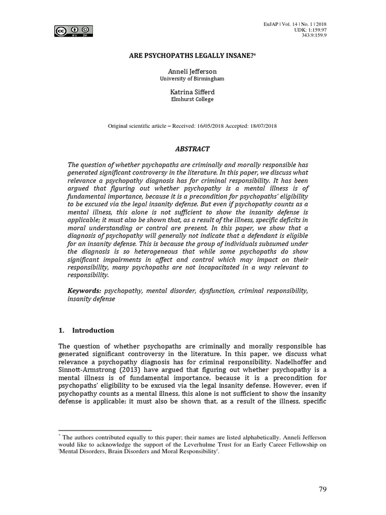 Psychopathy and Legal Insanity Debate | PDF | Psychopathy | Antisocial ...