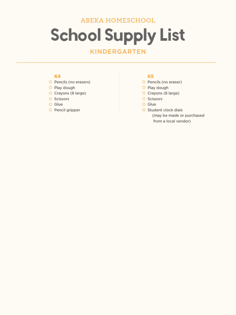 Rev abeka school supplies list kindergarten pdf