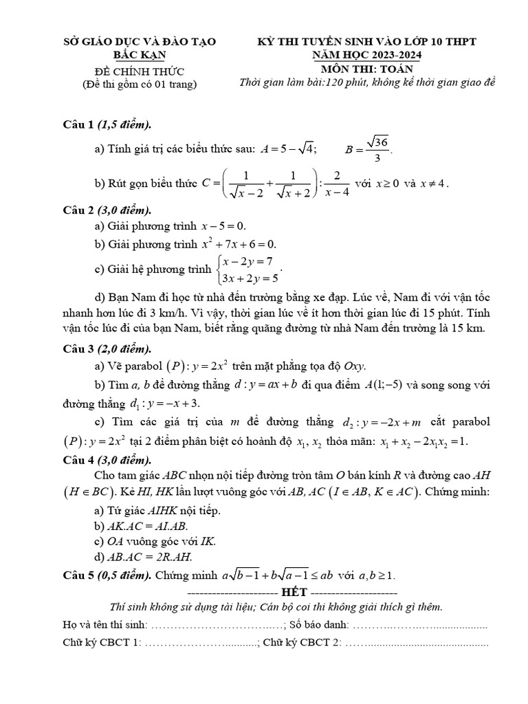 De Tuyen Sinh Lop 10 Mon Toan Nam 2023 2024 So GDDT Bac Kan | PDF