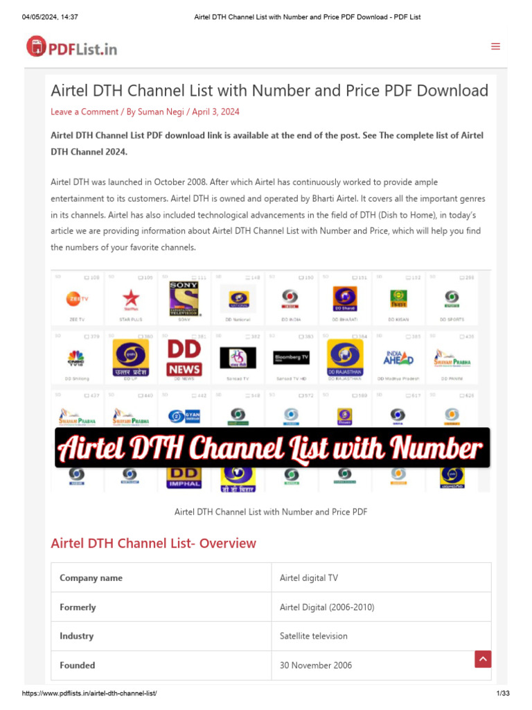 Airtel DTH Channel List With Number and Price PDF Download PDF List