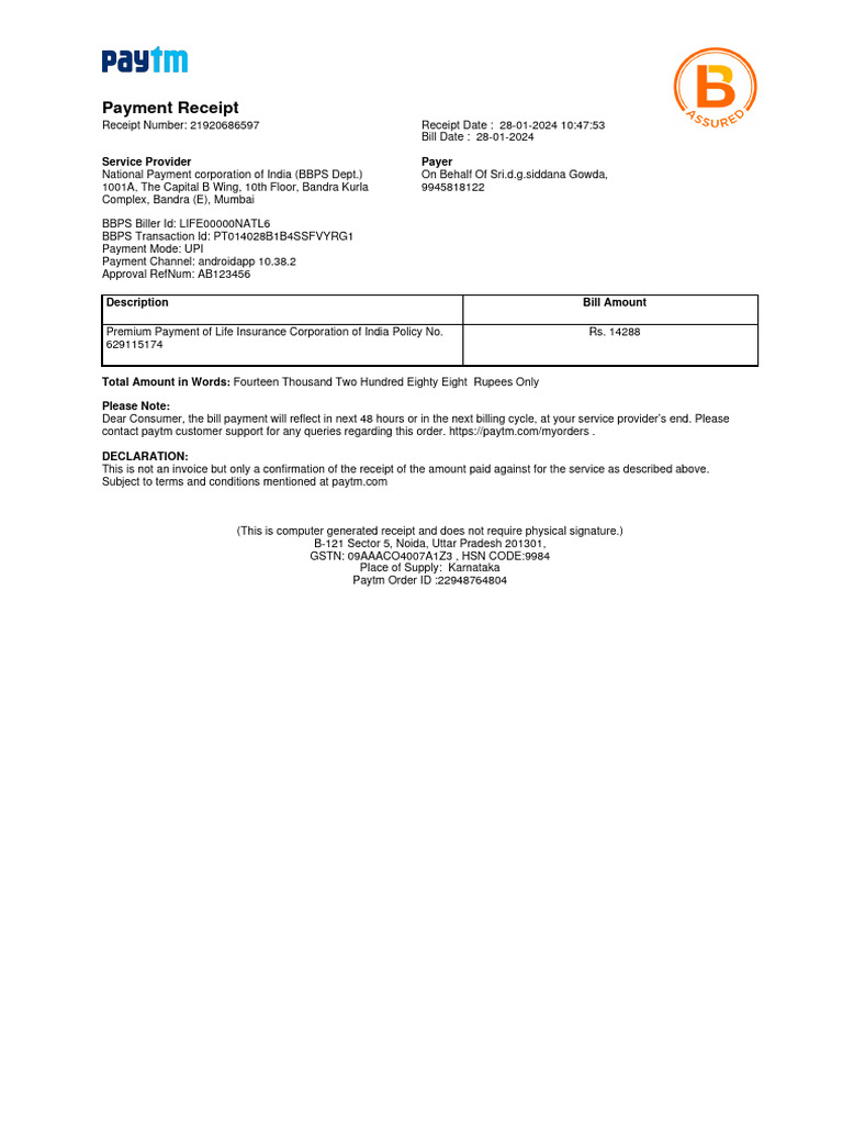 Life Insurance Payment Receipt 2024 | PDF