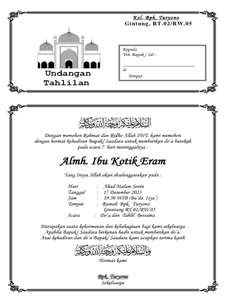 Contoh undangan tahlilan | PDF