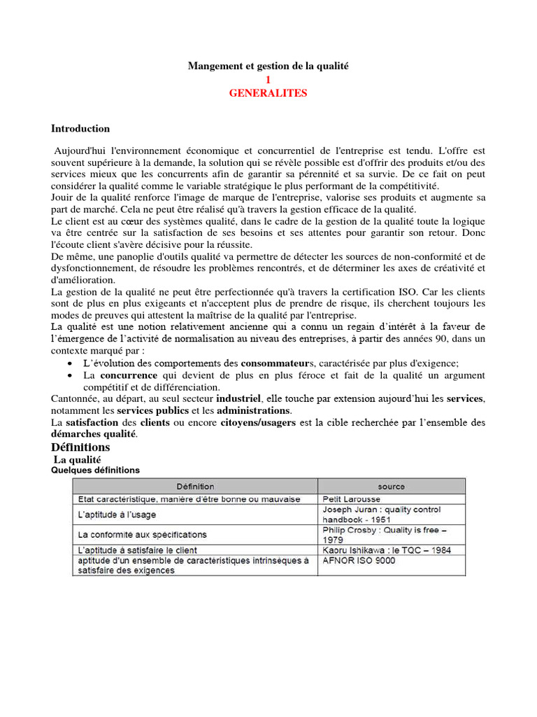 Gestion de la qualité en entreprise | PDF | Management de la qualité ...