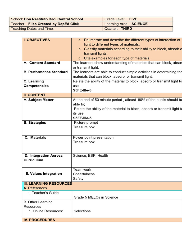 Light Interaction in Materials Lesson Plan | PDF | Learning | Light