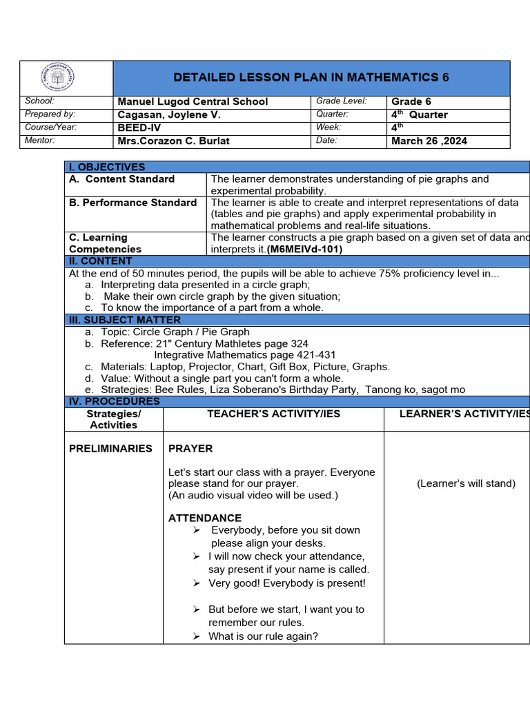Grade 6 Mathematics Lesson Plan: Pie Graphs | PDF | Learning | Lesson Plan