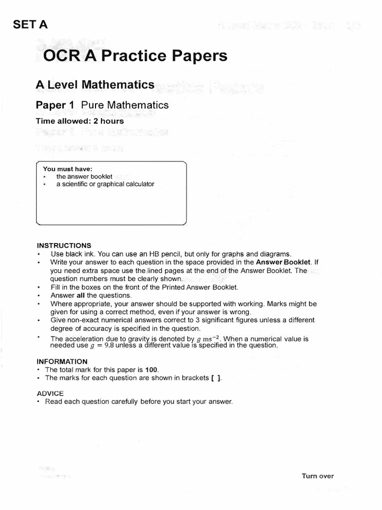 OCR A Level Mathematics A 2024 Predicted Paper 1 Set A PDF Angle Equations