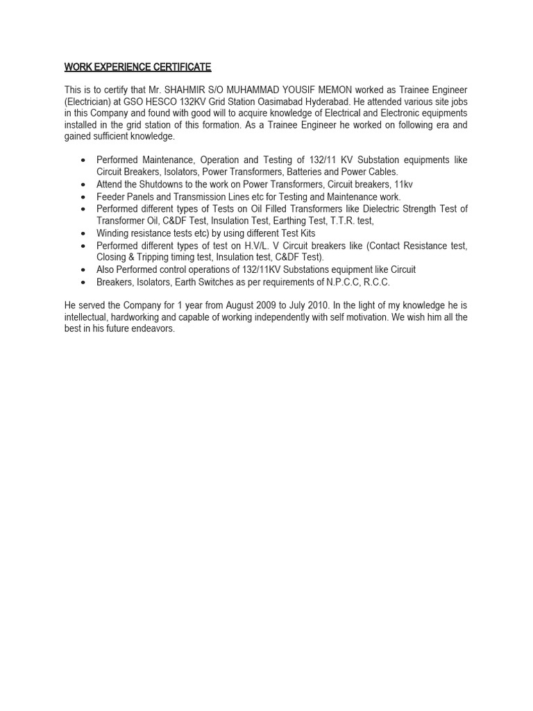 Trainee Engineer Experience Certificate | PDF