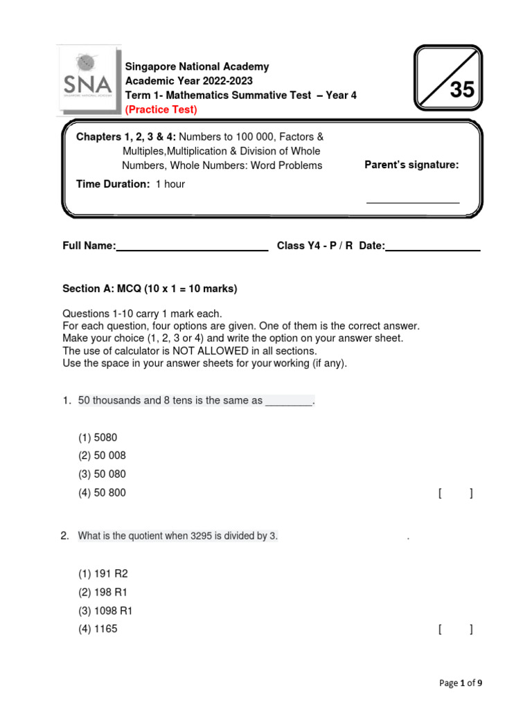 Y4 Maths Practice Test Term 1 | PDF | Multiple Choice | Mathematics