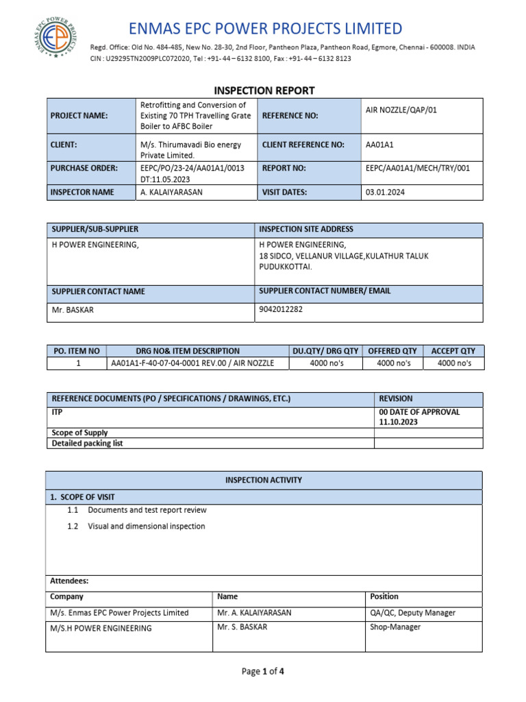 AFBC Boiler Inspection Report | PDF