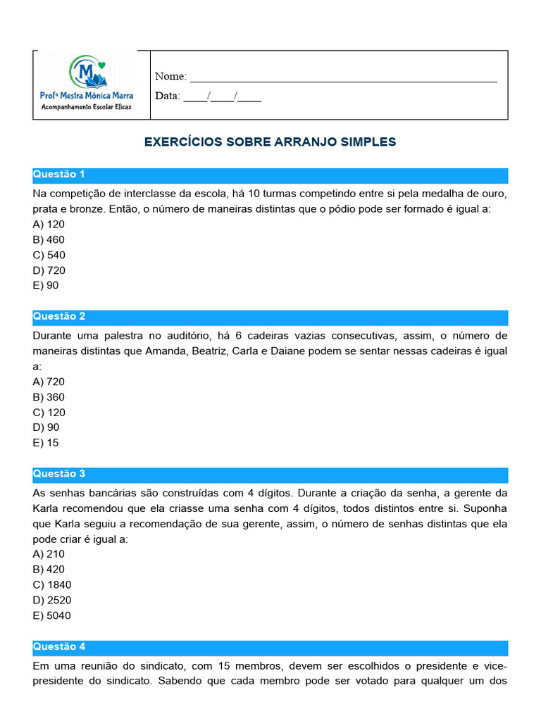 Exercícios de Arranjo Simples | PDF | Gestão de recursos humanos