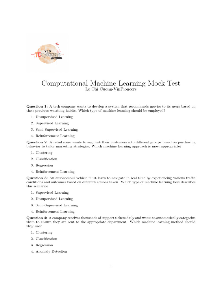 Computational Machine Learning Mock Test Pdf Machine Learning
