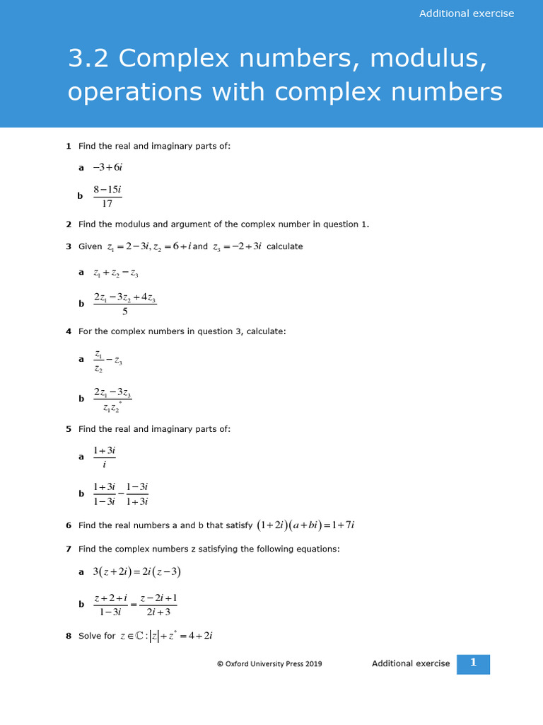 Complex Numbers Exercises with Answers | PDF | Complex Number ...