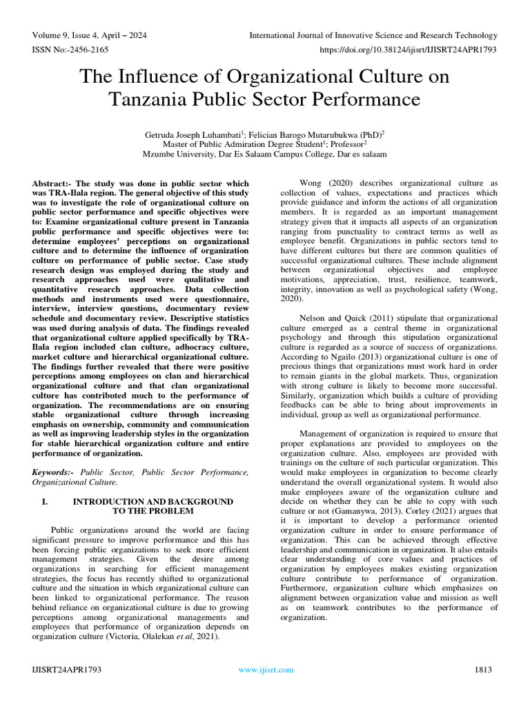 The Influence of Organizational Culture On Tanzania Public Sector ...