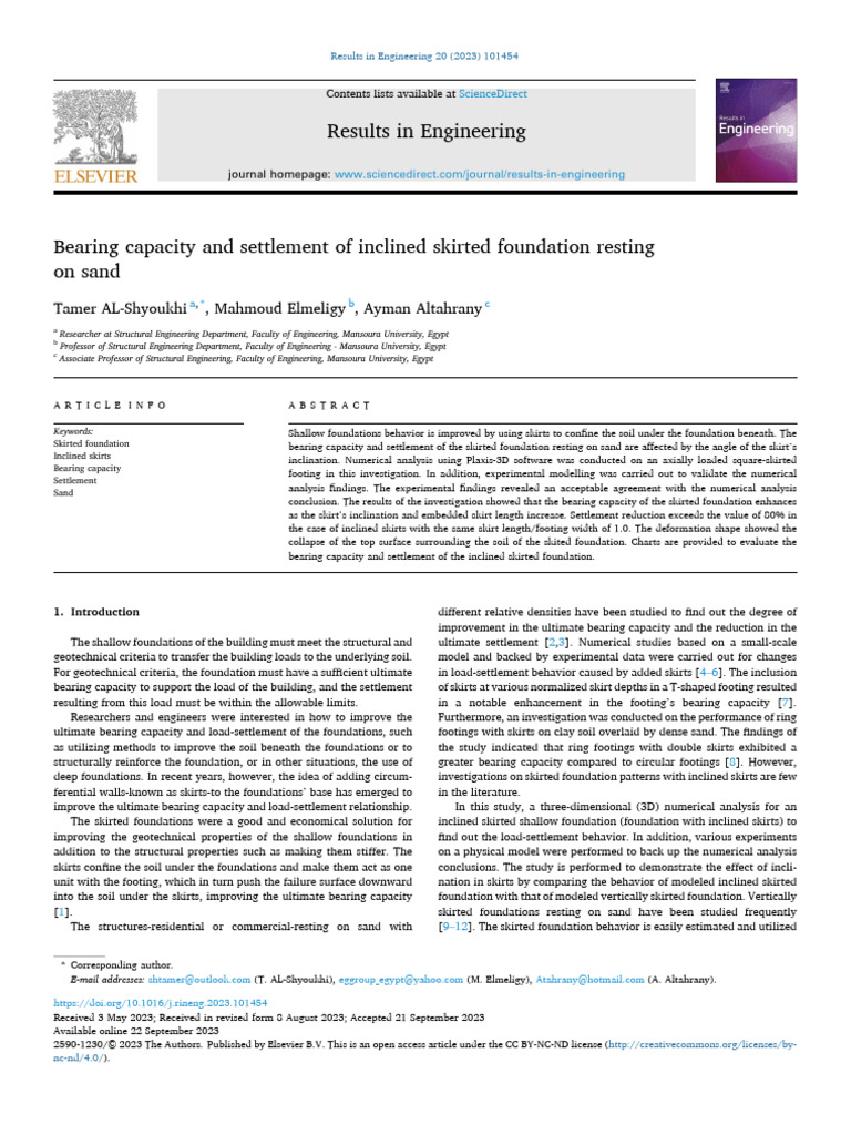 Bearing Capacity and Settlement of Inclined Skirted Foundation Resting ...