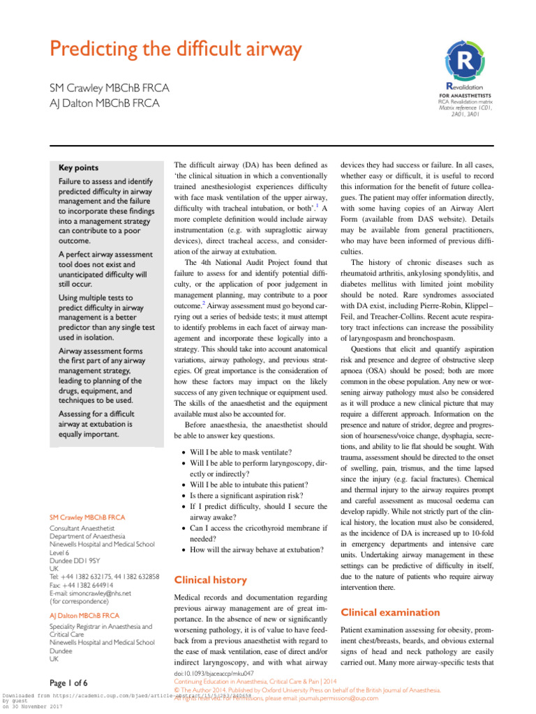 Predicting The Difficult Airway CEACCP Article | PDF | Ct Scan ...