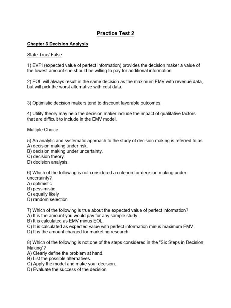 Decision & Project Management Test | PDF | Decision Theory | Uncertainty
