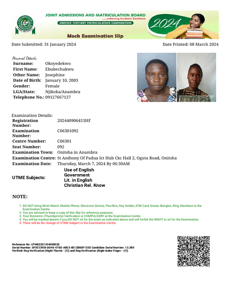 Jamb Mock Slip 8march PDF