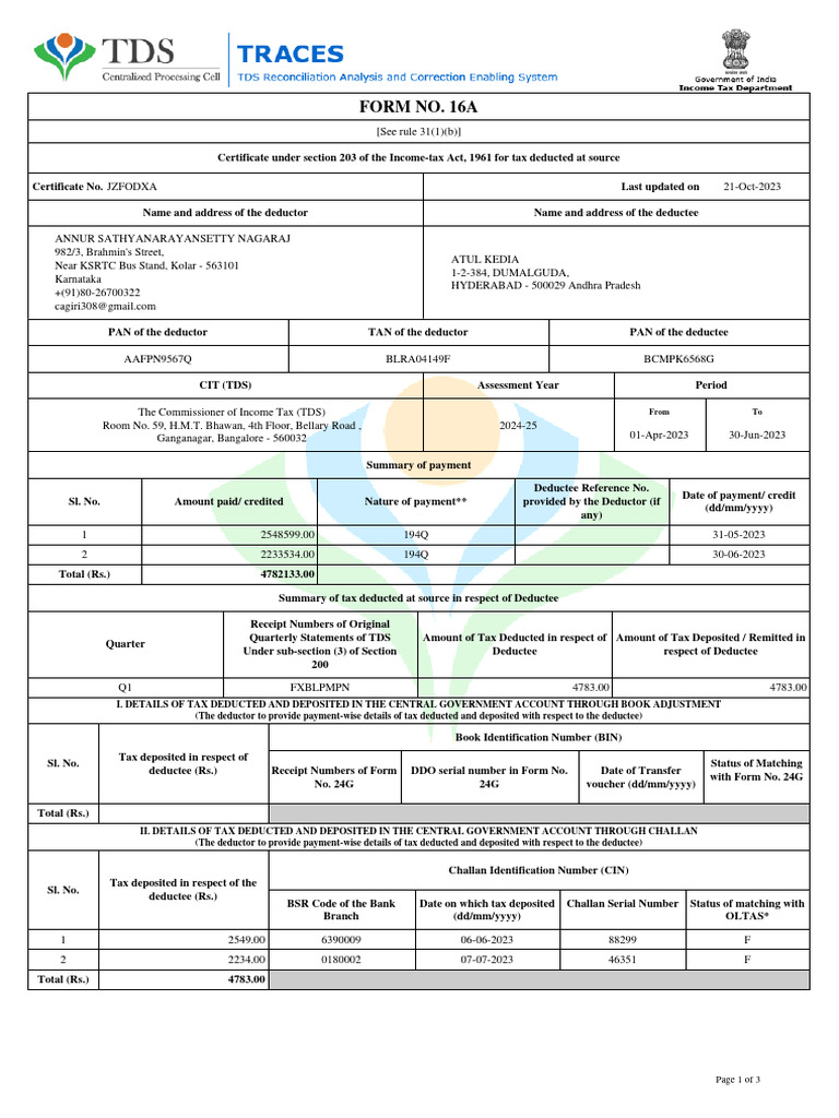 Form 16A TDS Certificate 2024-25 | PDF | Securities (Finance) | Taxes