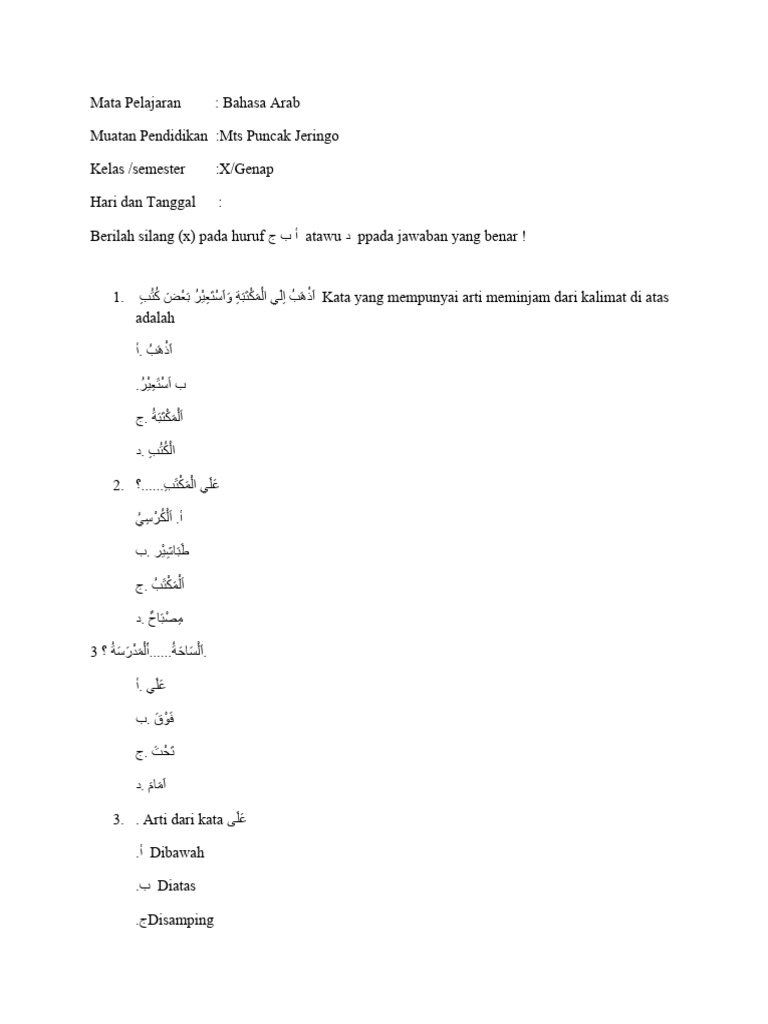 Soal UAS Bahasa Arab Kelas 9 Semester 1 | PDF