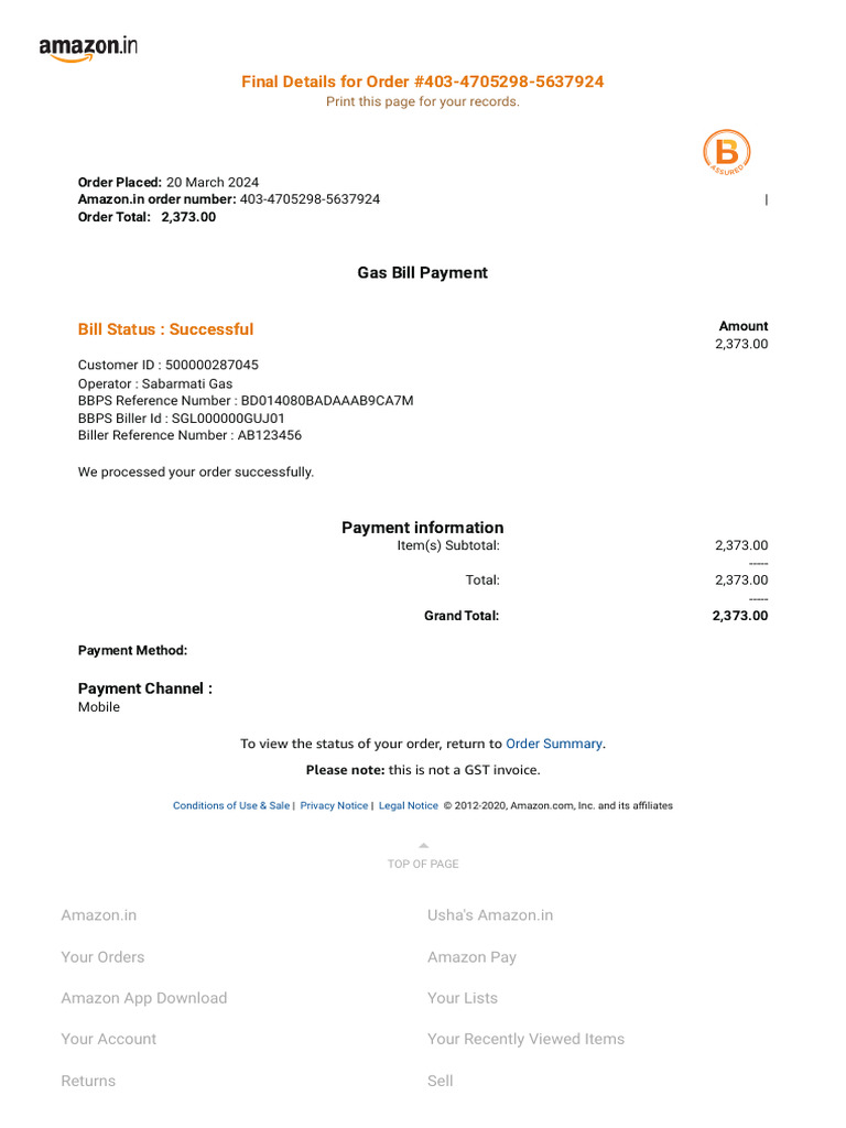 Gas Bill Order Summary | PDF | Payments | Invoice
