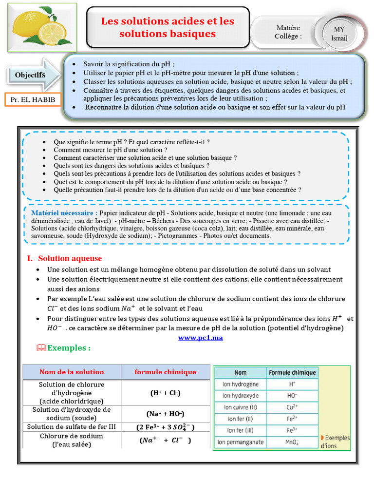 Solutions acides et basiques : pH et dangers | PDF | Ph | Acide