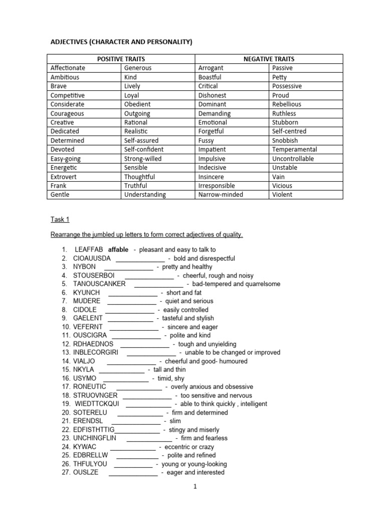 Character and Personality Adjectives Guide | PDF