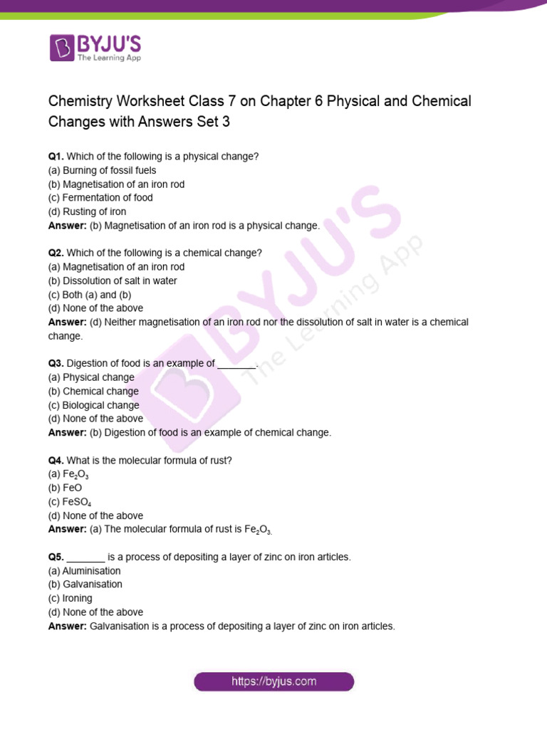 Chemistry Worksheet Class 7 On Chapter 6 Physical and Chemical Changes
