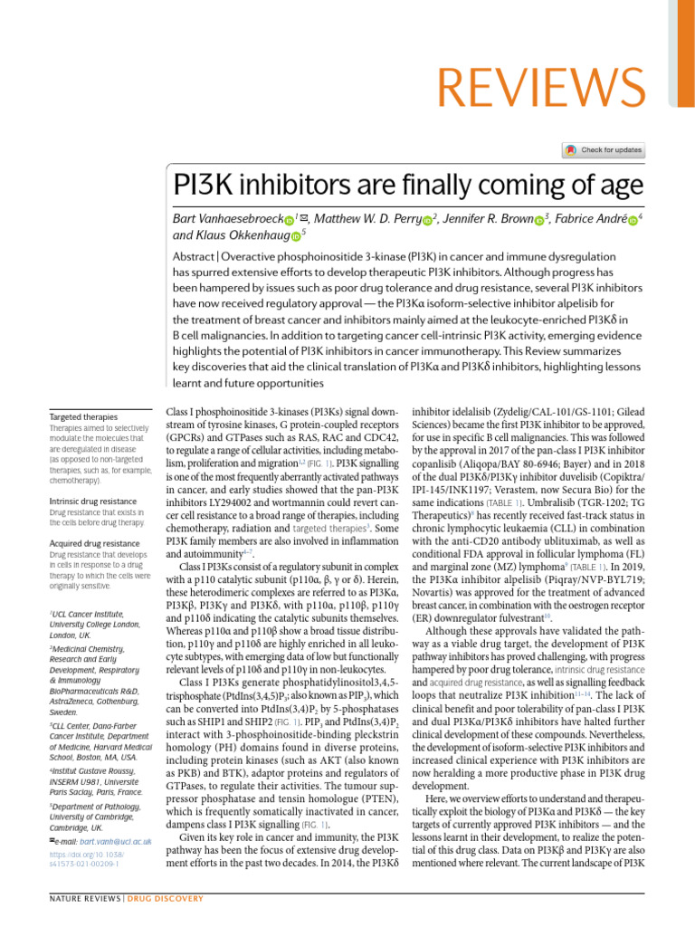 PI3K Inhibitors Are Finally Coming of Age | PDF | Cell Biology ...