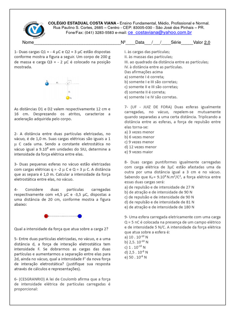 Exercícios sobre Força Elétrica | PDF | Carga elétrica | Eletrostática