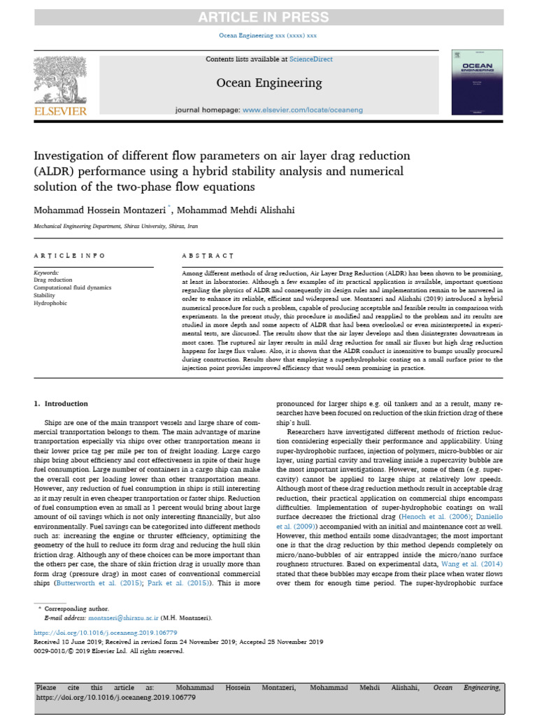 Investigation of Different Flow Parameters On Air Layer Drag Reduction ...
