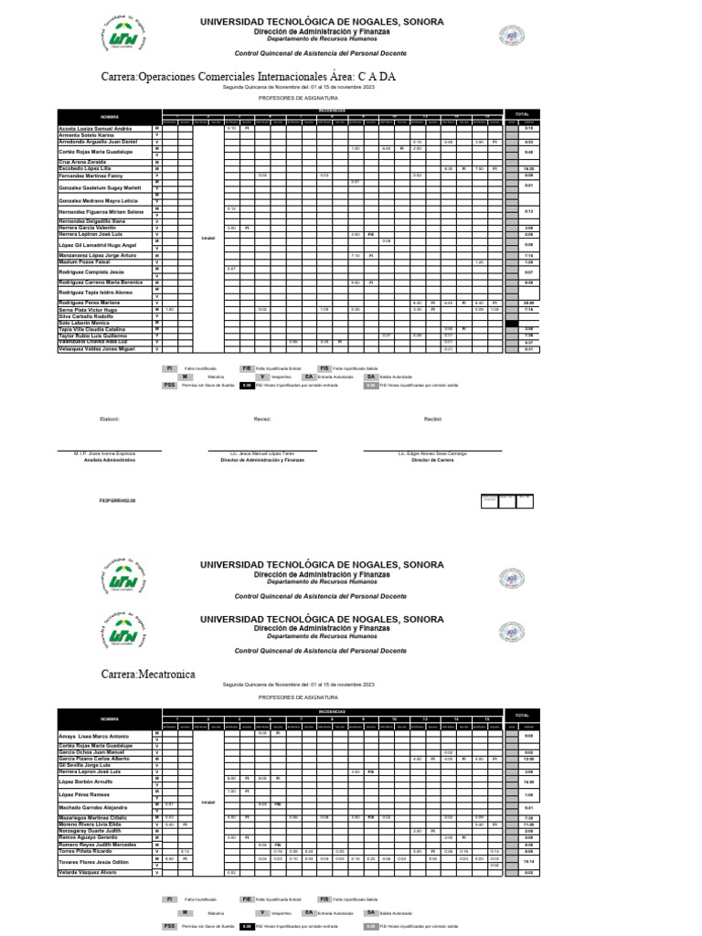 Control Asistencia Docente Nov 2023 | PDF | Ingeniería