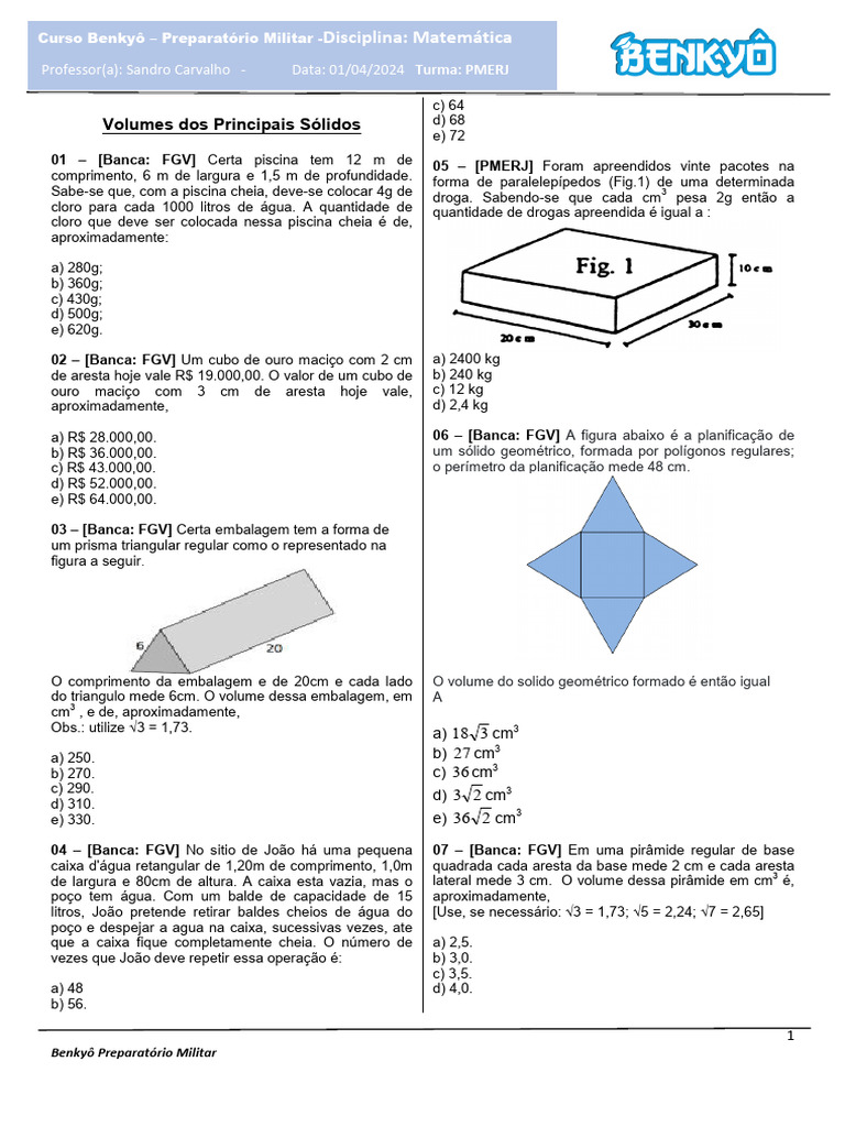 Exercícios sobre Volume de Sólidos | PDF | Objetos geométricos ...