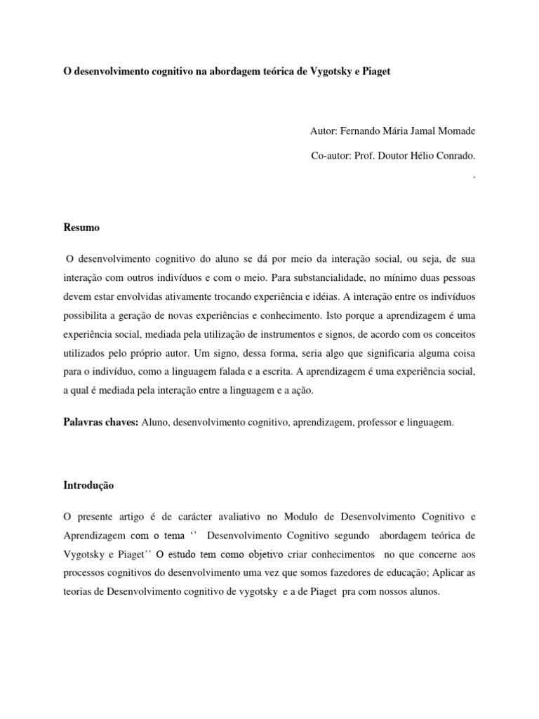 Desenvolvimento Cognitivo: Piaget e Vygotsky | PDF | Aprendizado ...