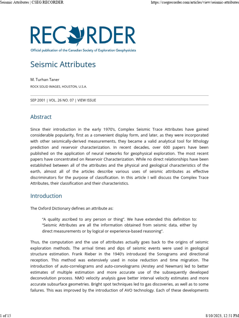 Seismic Attributes for Reservoir Characterization | PDF | Artificial ...