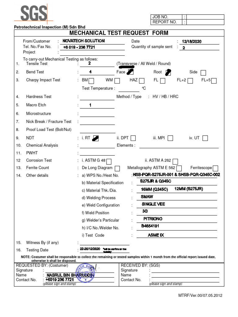 Mechanical Test Request Form | PDF | Welding | Construction