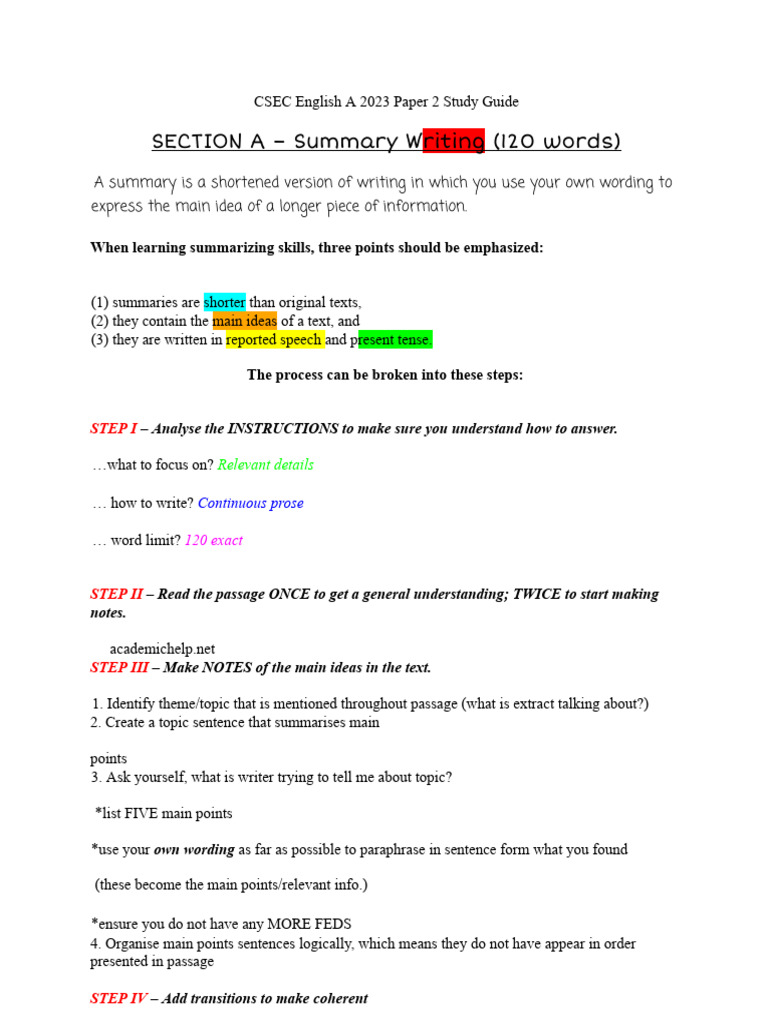 Student Copy CSEC English A Paper2StudyGuide PDF Plot (Narrative) Memorandum