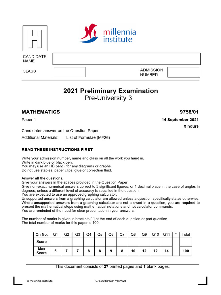 2021 Pre-University Mathematics Exam Paper | PDF | Angle | Cartesian ...