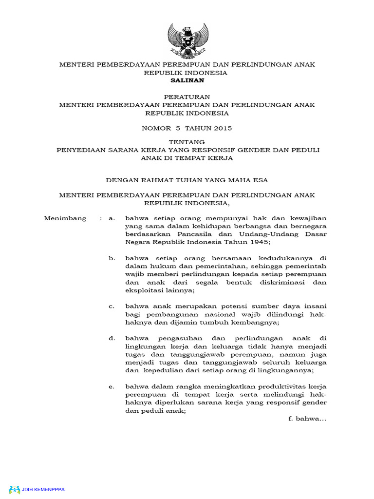 Permen pppa no 5 thn 2015 ttg penyediaan sarana kerja yang responsif