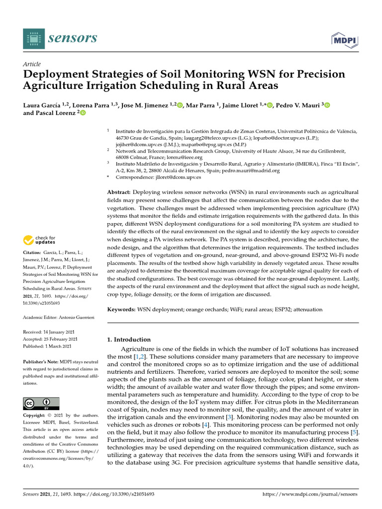 Sensors-Smart Agriculture Irrigation | PDF | Soil | Wireless Sensor Network