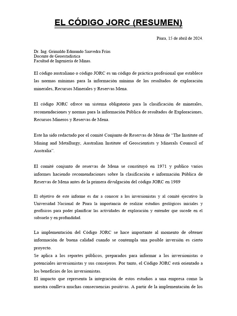 Importancia del Código JORC en Minería | PDF | Minería