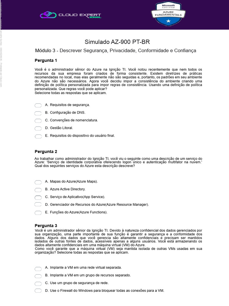 Simulado Az 900 PT BR Modulo 3 | PDF | Tecnologia da Informação | Rede ...
