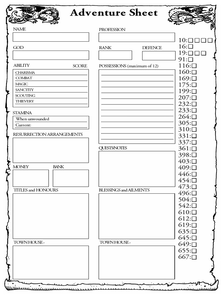 Fabled Lands Adventure Sheet Guide | PDF