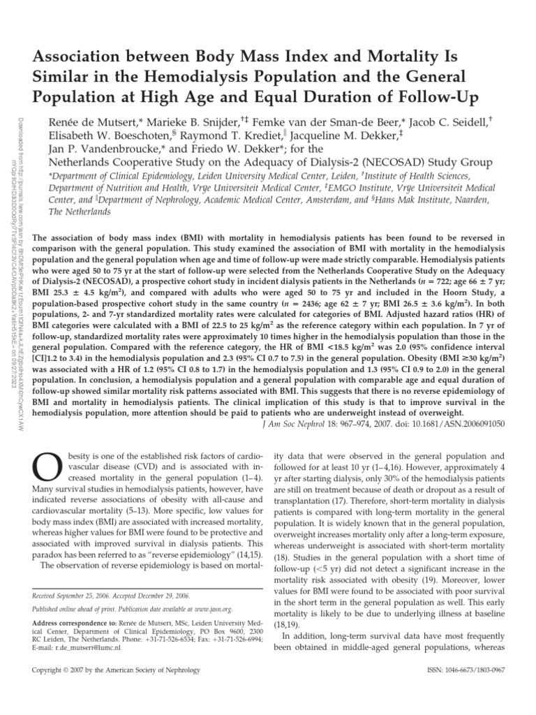 Association Between Body Mass Index and Mortality.37 | PDF | Body Mass ...