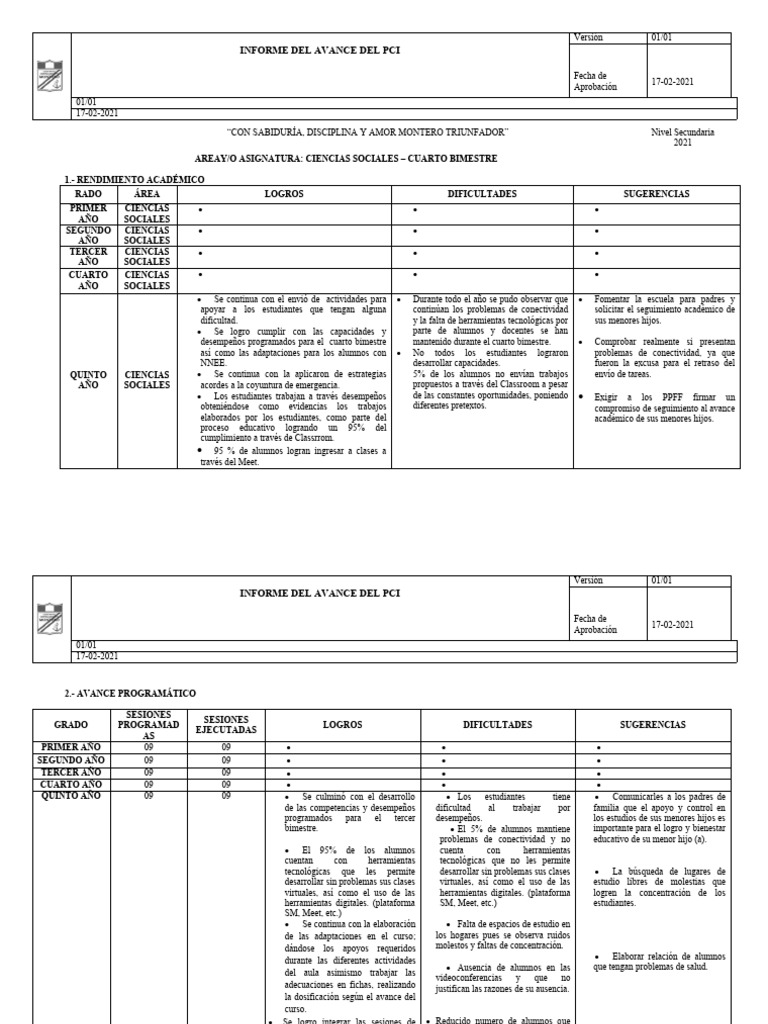 14 Informe Avance Pci Secundaria General Area CCSS | PDF | Aprendizaje