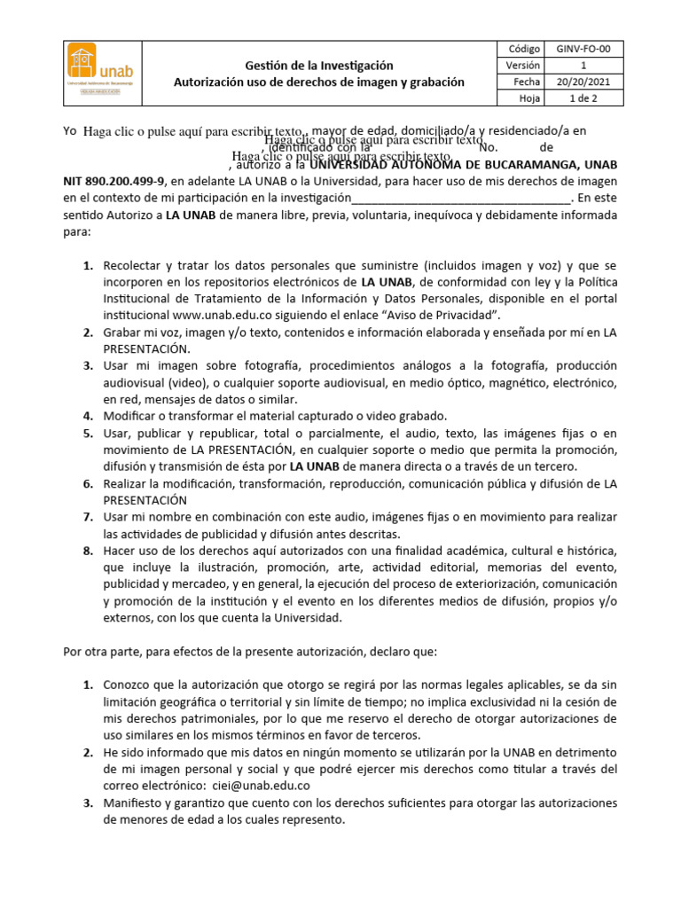 GINV-FO-00 Autorizacion Uso Imagen Grabacion | PDF