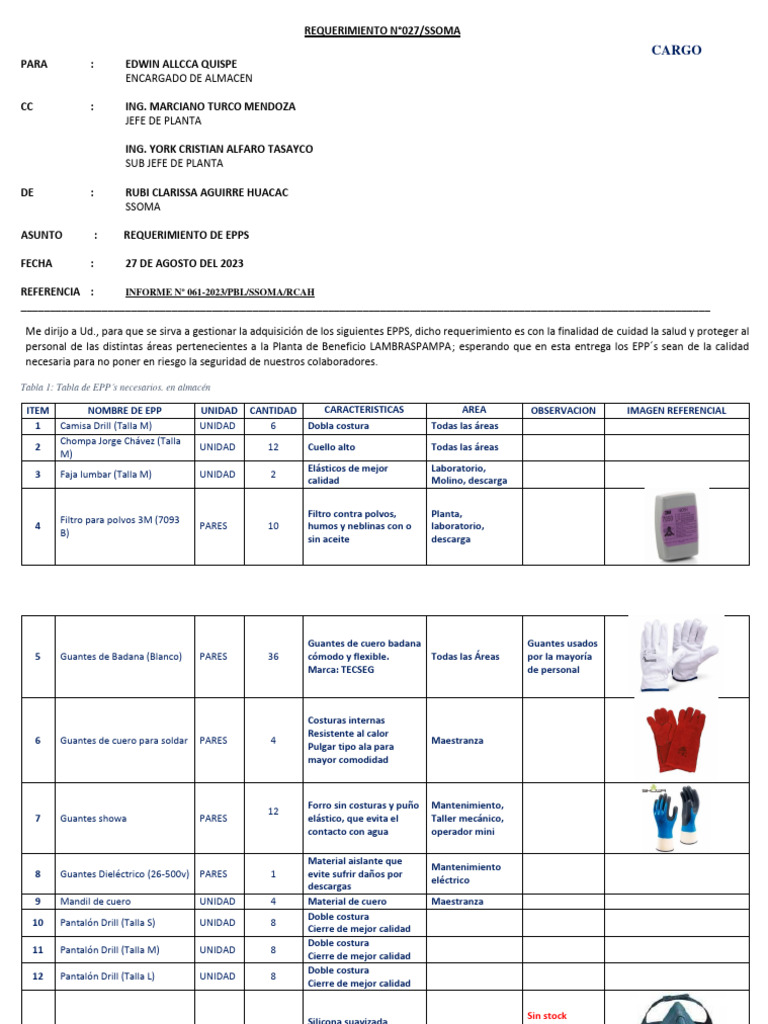 REQUERIMIENTO N027 JEAL Epp para Mes de Setiembre | PDF | Sector ...