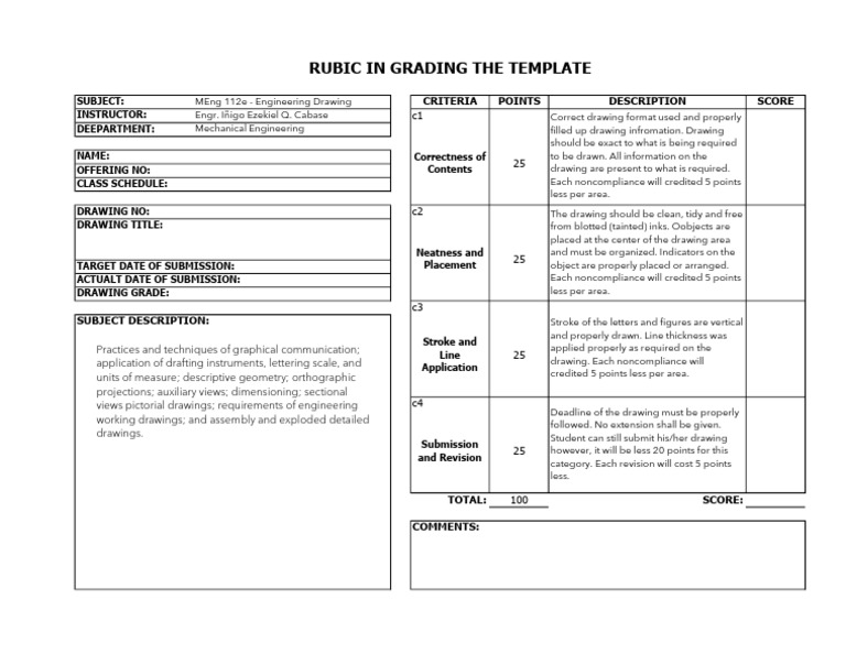 Rubics of Grading Templates Download Free PDF Drawing