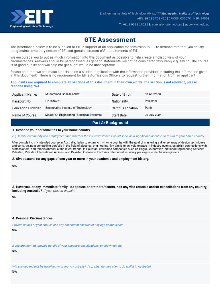 GTE Assessment for EIT Admission | PDF | Engineering