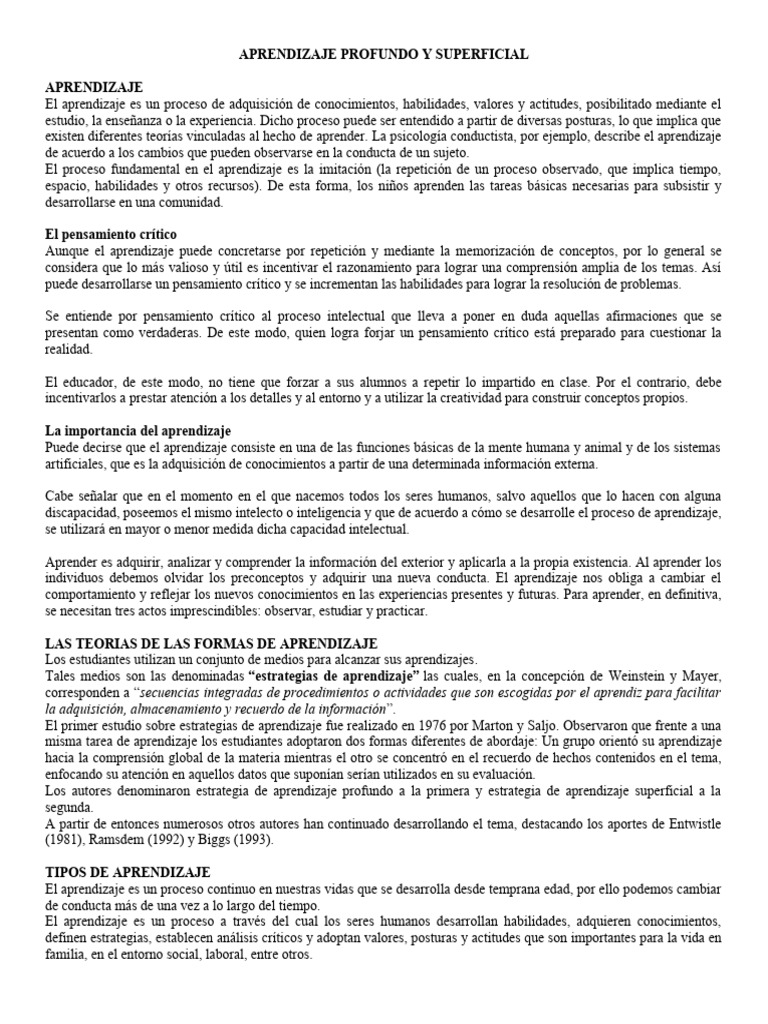 Aprendizaje Superficial y Profundo | PDF | Aprendizaje | Pensamiento